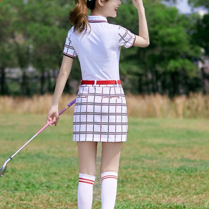 半袖Tシャツ チェック柄 ショートスカート セットアップ - b.right 輸入レディースゴルフウェア専門店